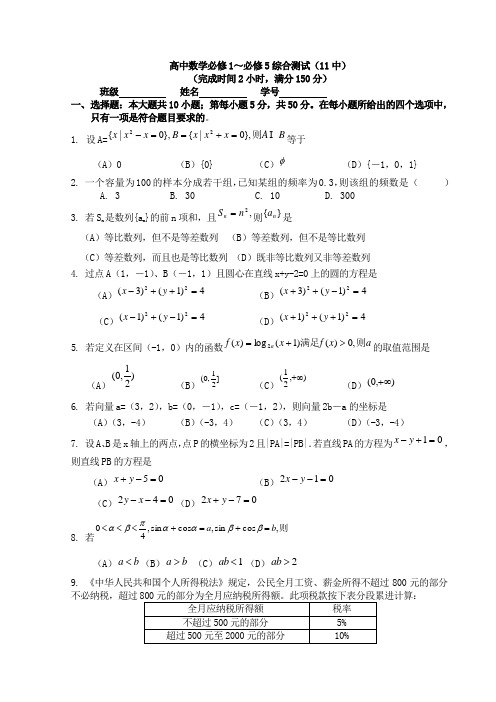 完整word版,高中数学必修1～必修5综合测试(11中)