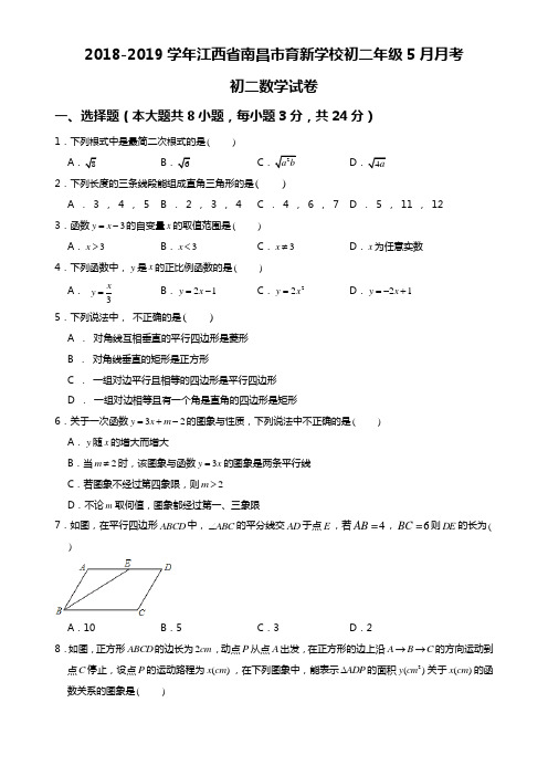 江西省南昌市育新学校2018-2019学年下学期5月月考卷(无答案)