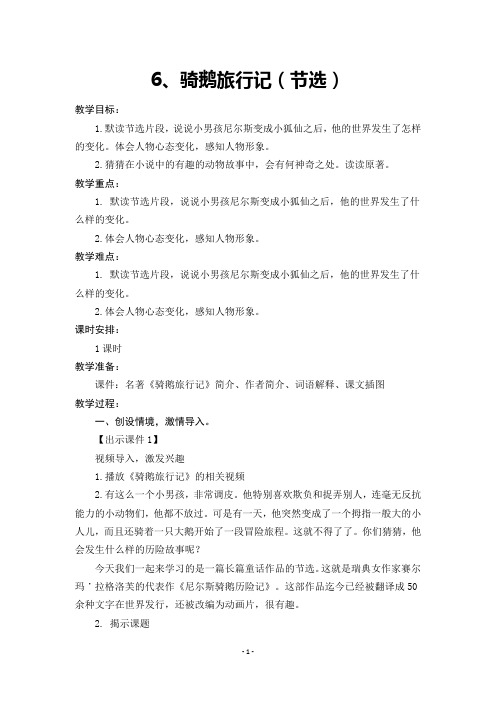 2020年春人教版部编本六年级语文下册第6课《骑鹅旅行记(节选)》教学设计与反思