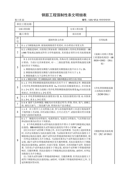 钢筋工程项目强制性条文明细表(施工表)