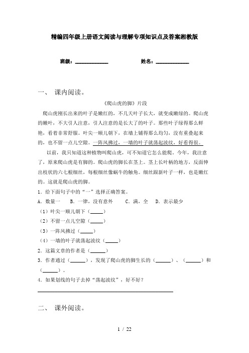 精编四年级上册语文阅读与理解专项知识点及答案湘教版