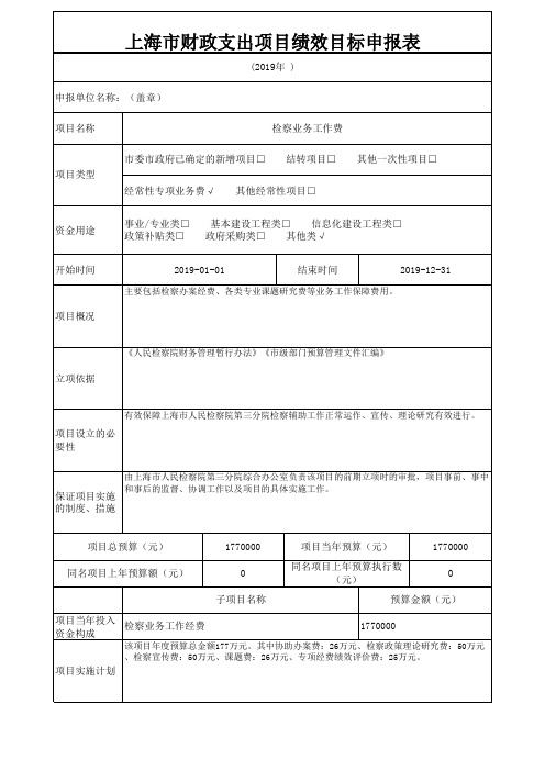 上海市财政支出项目绩效目标申报表