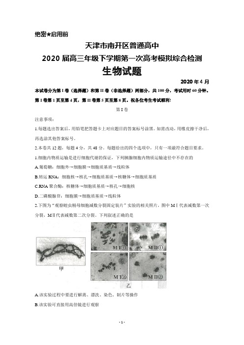 2020年4月天津市南开区普通高中2020届高三下学期第一次高考模拟综合检测生物试题及答案