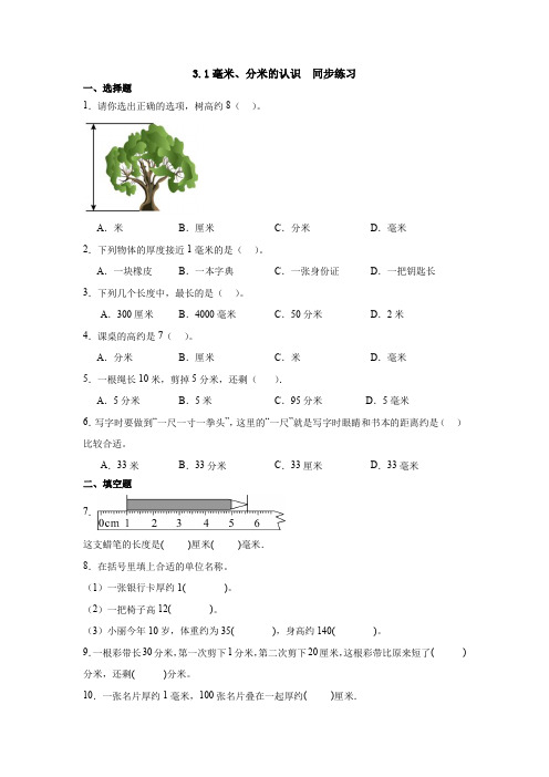 3 1毫米、分米的认识  (同步练习) 三年级上册数学人教版  