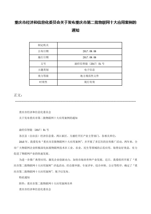 重庆市经济和信息化委员会关于发布重庆市第二批物联网十大应用案例的通知-渝经信智能〔2017〕51号