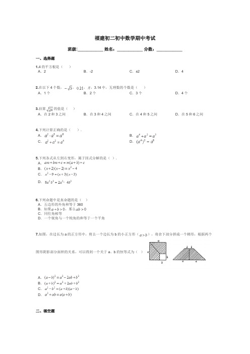 福建初二初中数学期中考试带答案解析
