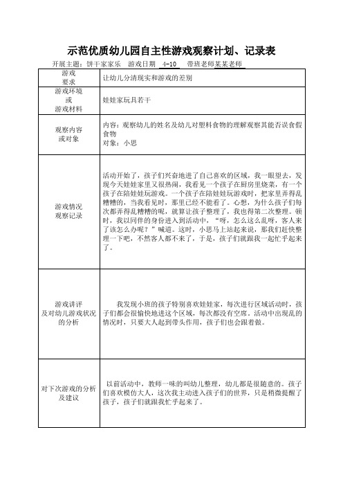 示范优质幼儿园自主性游戏观察计划、记录表-观察其能否误食假食物