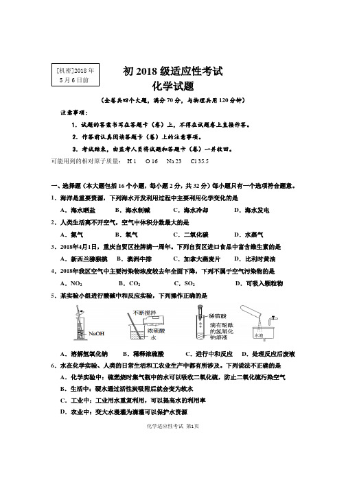 重庆市九龙坡区2018年九年级适应性考试化学试题(有答案)