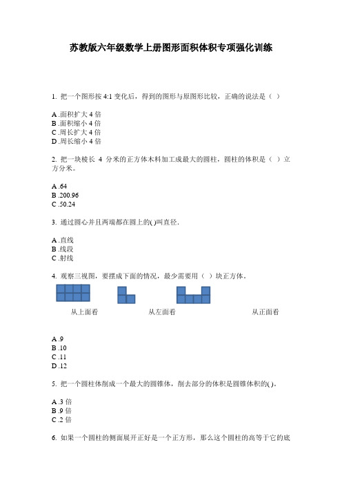 苏教版六年级数学上册图形面积体积专项强化训练