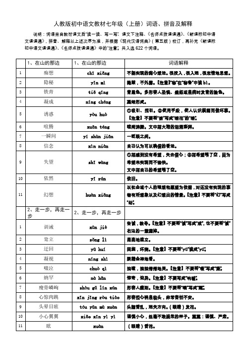 人教版初中语文教材七年级(上册)词语拼音及解释