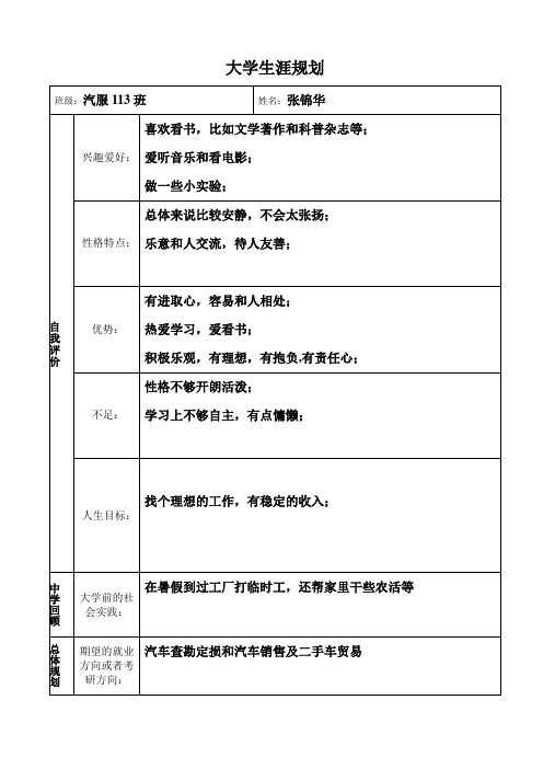 大学生涯规划表格