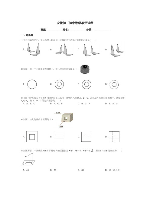 安徽初三初中数学单元试卷带答案解析
