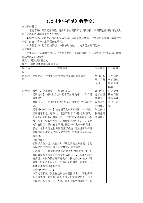 1.2 少年有梦 教案-2023-2024学年部编版道德与法治七年级上册 