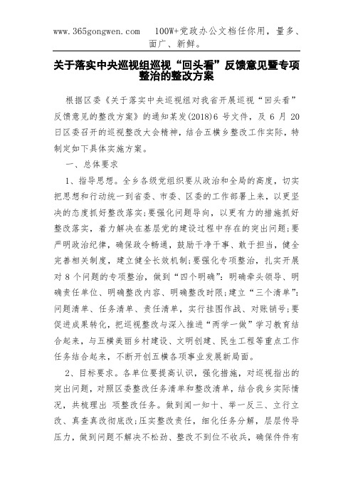 关于落实中央巡视组巡视“回头看”反馈意见暨专项整治的整改方案