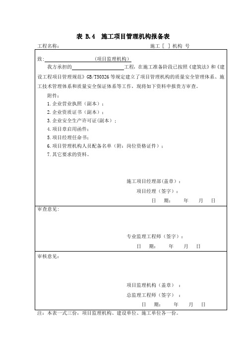 表  B.4  施工项目管理机构报备表