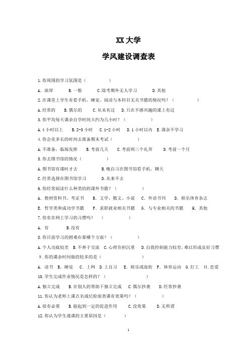 XX大学学风建设调查表