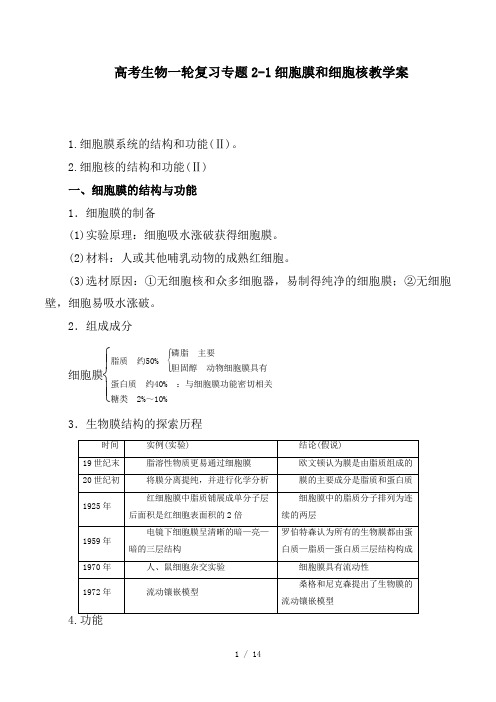 推荐高考生物一轮复习专题2-1细胞膜和细胞核教学案