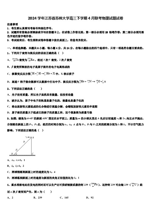 2024学年江苏省苏州大学高三下学期4月联考物理试题试卷