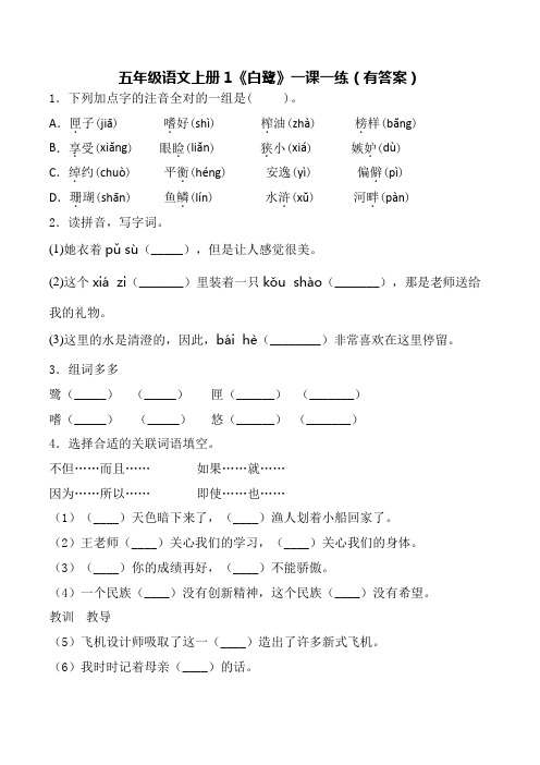 部编版语文五年级上一课一练白鹭同步拓展练习含答案 (1)