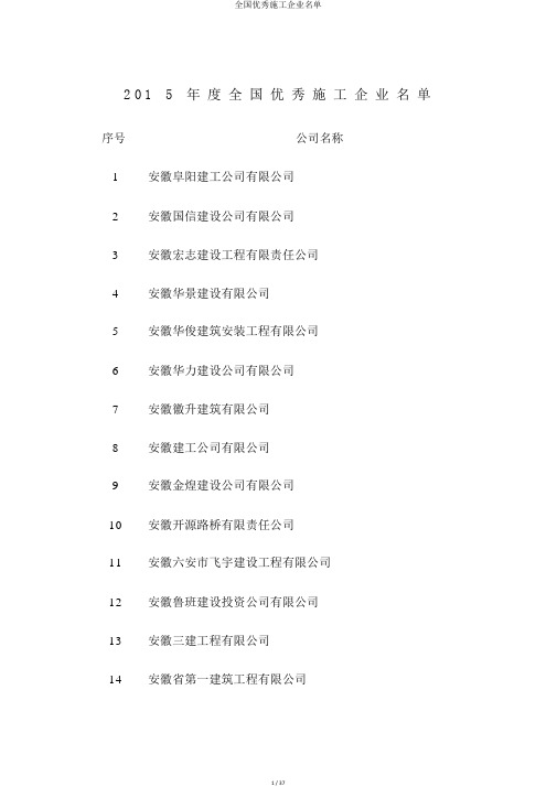 全国优秀施工企业名单