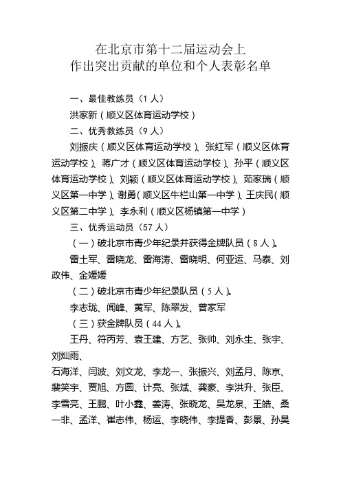 在北京市第十二届运动会上作出突出贡献的单位和个人表彰名单