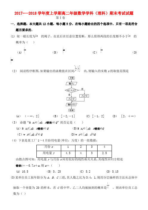 吉林省长春市高二数学上学期期末考试试题理(2021年整理)