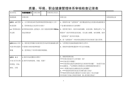 质量、环境、职业健康管理体系审核检查记录表模板-体系职能部门