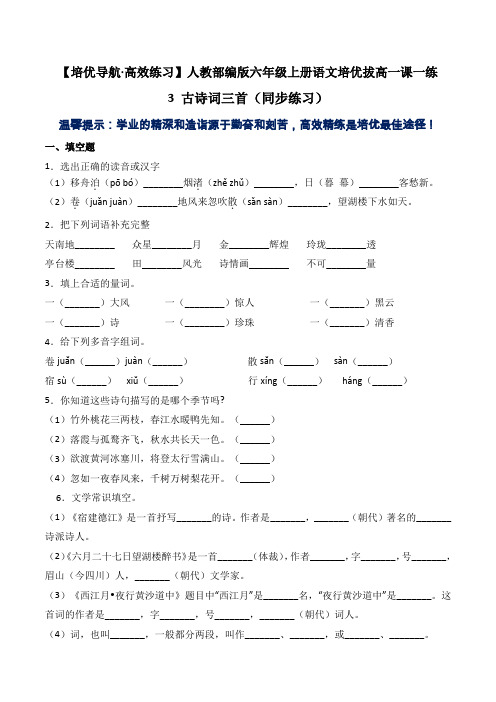 【培优导航高效练习】六年级上册语文培优拔高一课一练-3古诗词三首(同步练习)-人教部编版(含答案)