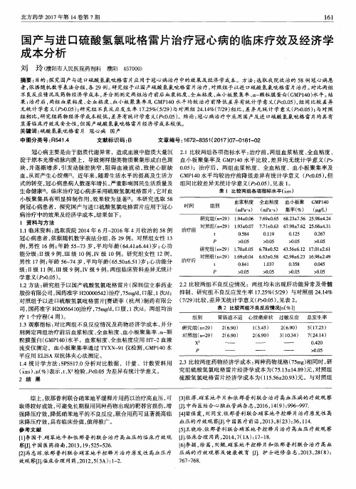 国产与进口硫酸氢氯吡格雷片治疗冠心病的临床疗效及经济学成本分析