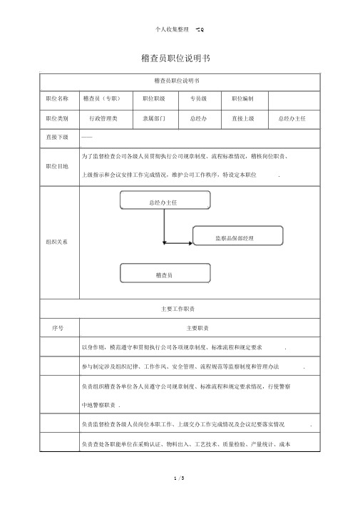 专职稽查员岗位职责