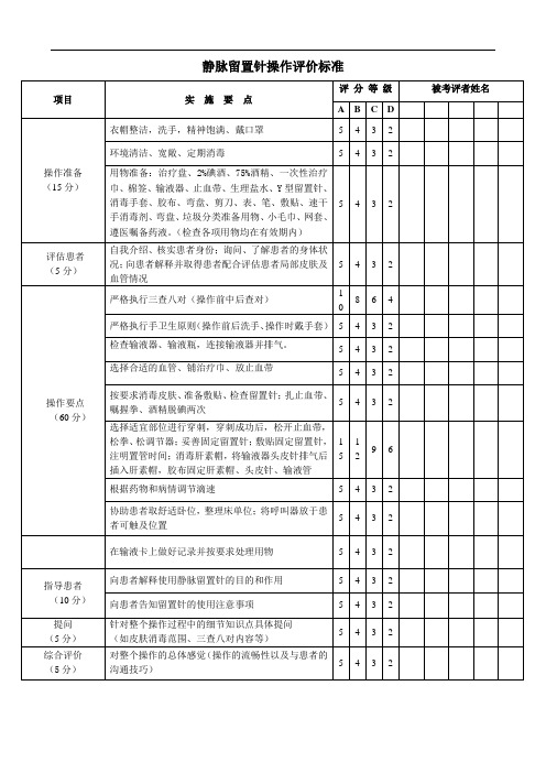 静脉留置针操作评价标准