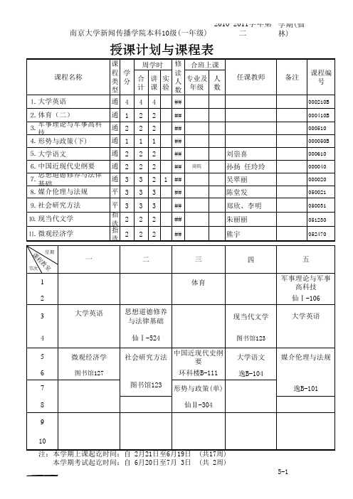 南京大学2010-2011新闻传播学院第二学期课表