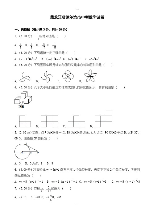 精编2019级哈尔滨市中考数学模拟试卷(有标准答案)(Word版) (2)