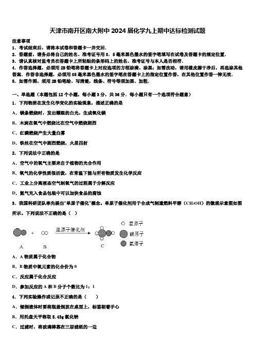 天津市南开区南大附中2024届化学九上期中达标检测试题含解析