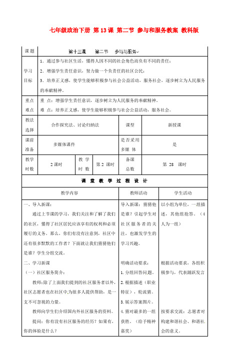 七年级政治下册 第13课 第二节 参与和服务教案 教科版