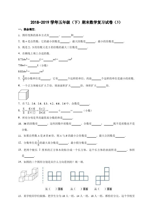 五年级下册数学试题-2018-2019学年期末测试  人教新课标(含答案)