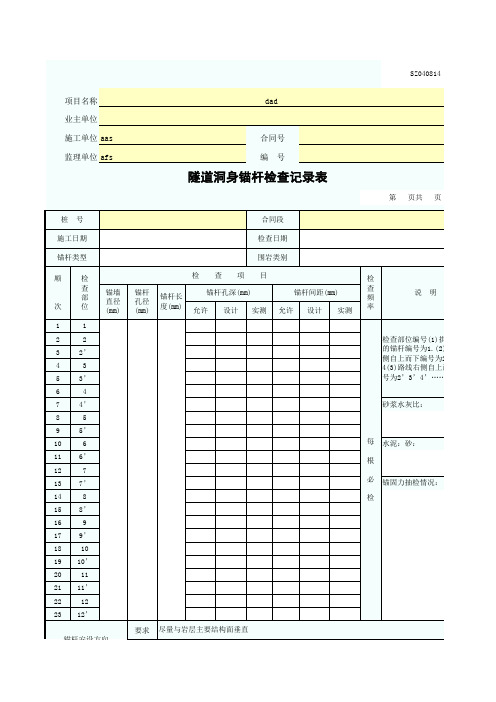 隧道洞身锚杆检查记录表 SZ040814