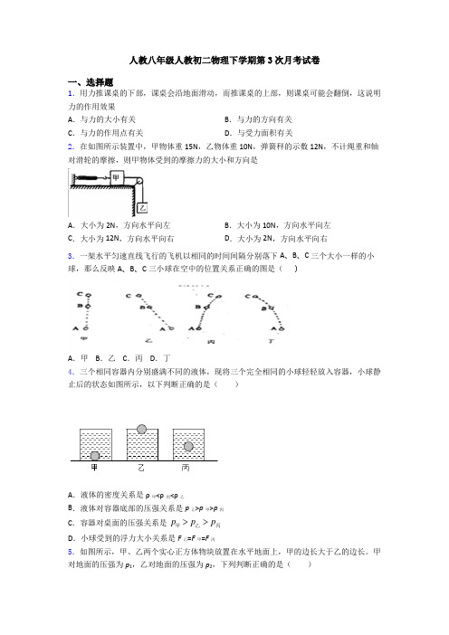 人教八年级人教初二物理下学期第3次月考试卷