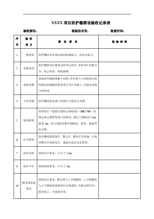 防护棚搭设验收记录表(防护棚)