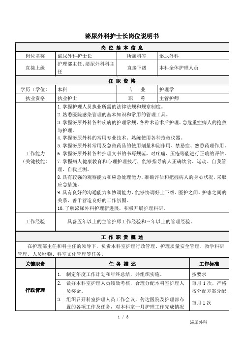 泌尿外科护士长岗位说明书