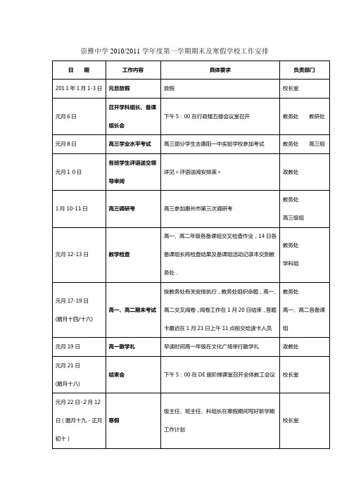 崇雅中学20102011学年度第一学期期末及寒假学校工作安排