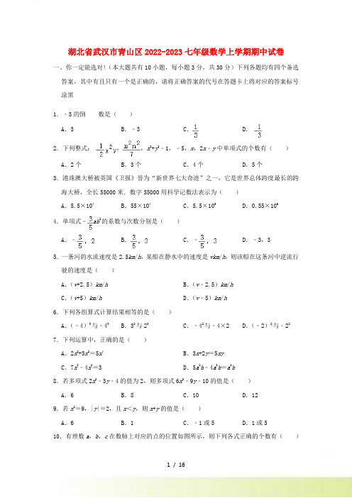 湖北省武汉市青山区2022-2023七年级数学上学期期中试卷(含解析)