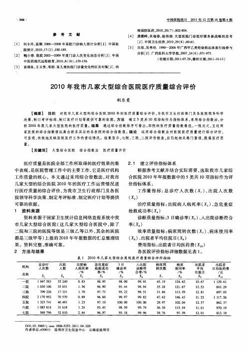 2010年我市几家大型综合医院医疗质量综合评价