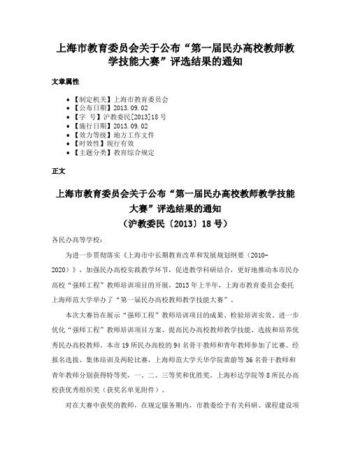 上海市教育委员会关于公布“第一届民办高校教师教学技能大赛”评选结果的通知