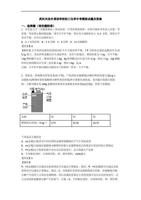 武汉光谷外国语学校初三化学中考模拟试题及答案