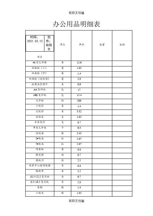 办公用品明细表、价目表之欧阳文创编