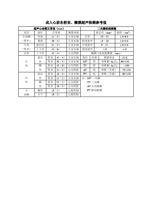 成人心脏各腔室及瓣膜正常值