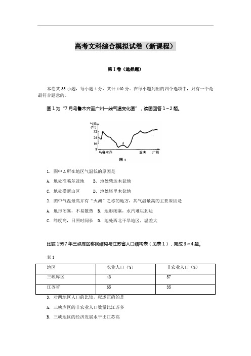 高考文科综合模拟试卷(新课程)