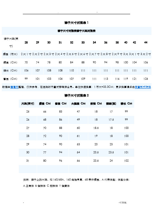 牛仔裤尺码对照表