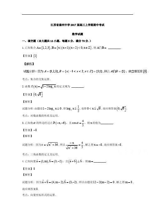 江苏省泰州中学2017届高三上学期期中考试数学试题含答案